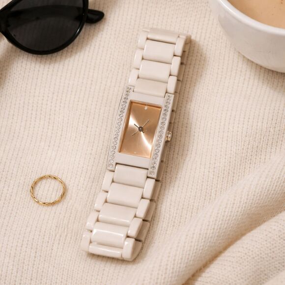 SEMPRE Women’s Rose Gold Watch Cream Ceramic Style Bracelet Crystal NEW BATTERY main image 10
